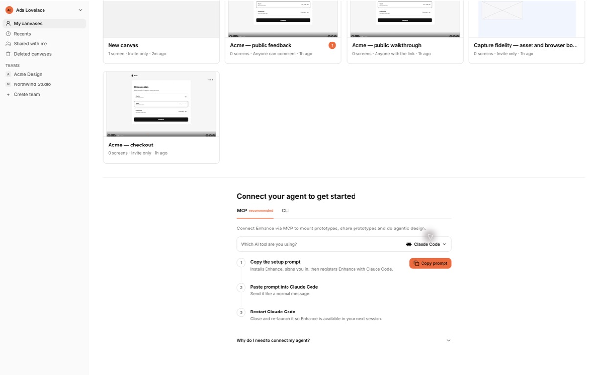 The Enhance dashboard with Claude Code selected and the copy setup prompt action visible.