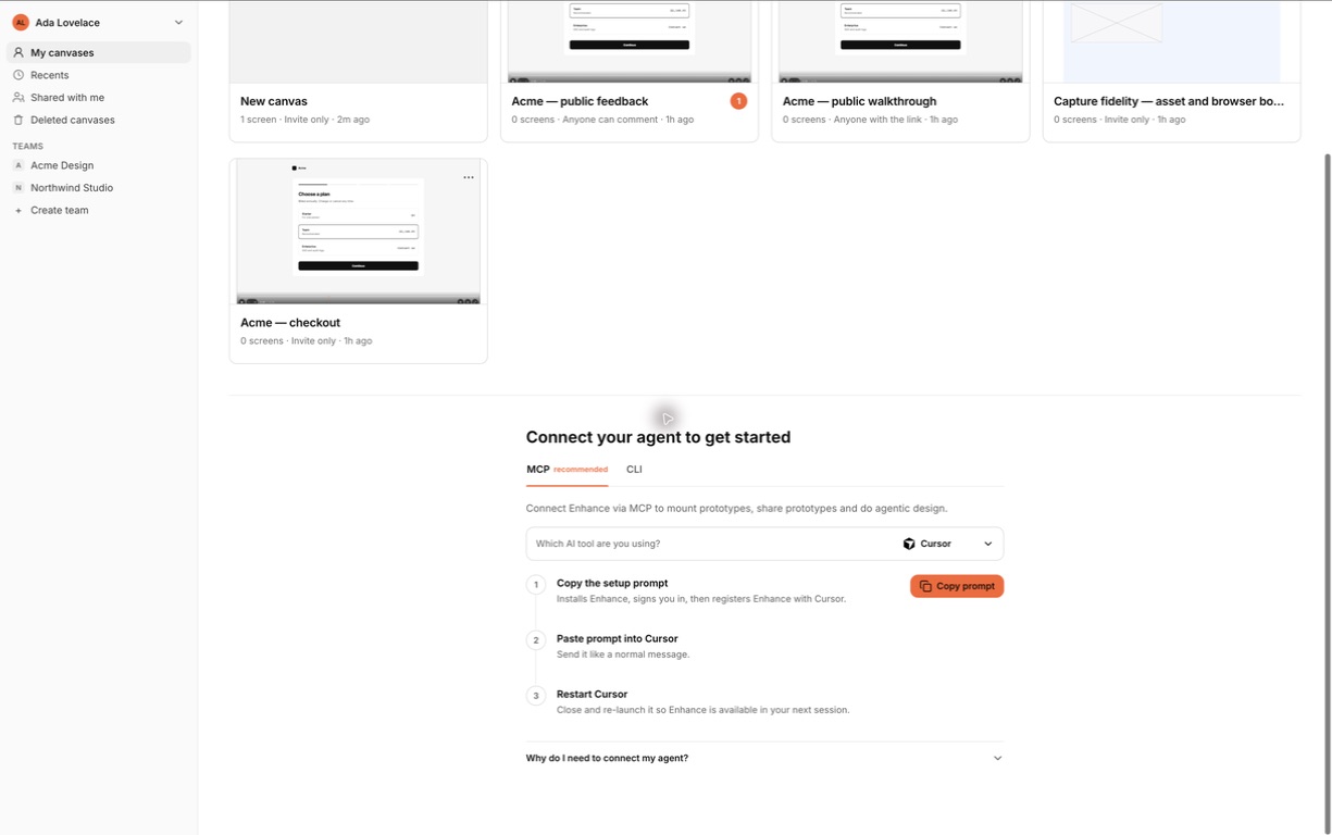 The Enhance dashboard with Cursor selected and the copy setup prompt action visible.